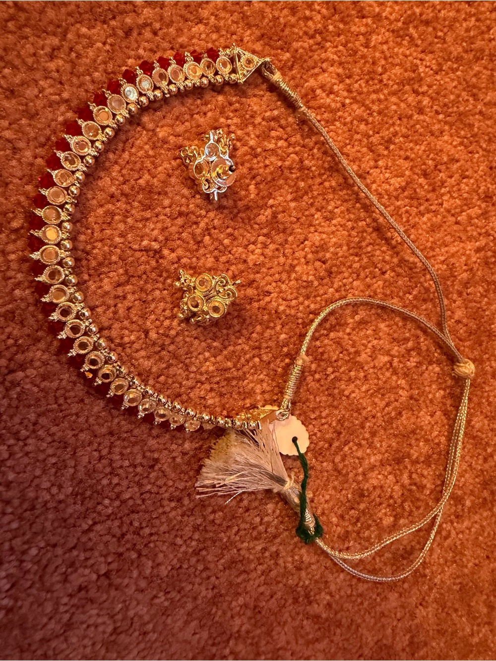 Silver-Tone Red Stone Traditional Choker Necklace Set